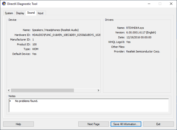 Sound Properties in DirectX 12 Diagnostic Tool