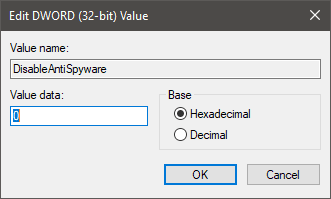 DisableAntiSpyware key default value