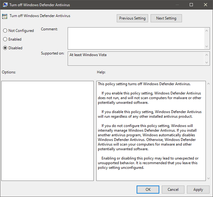 Turn on Windows Defender Antivirus from Group Policy Editor