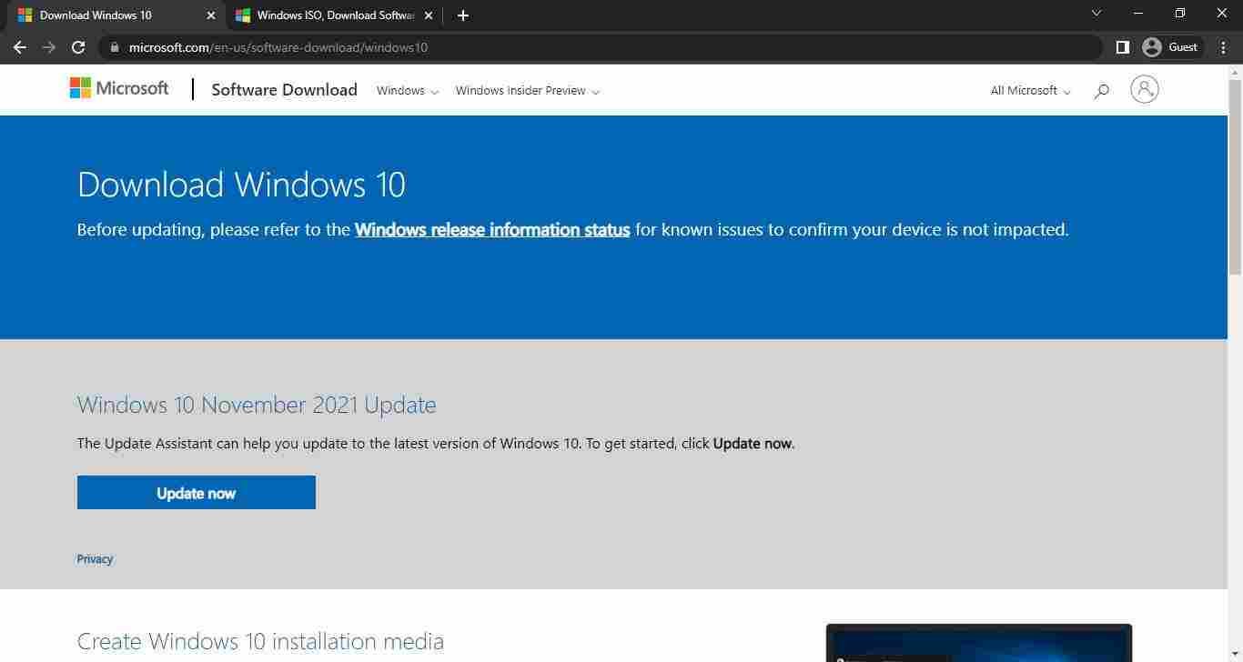 Windows 10 official site downloa page