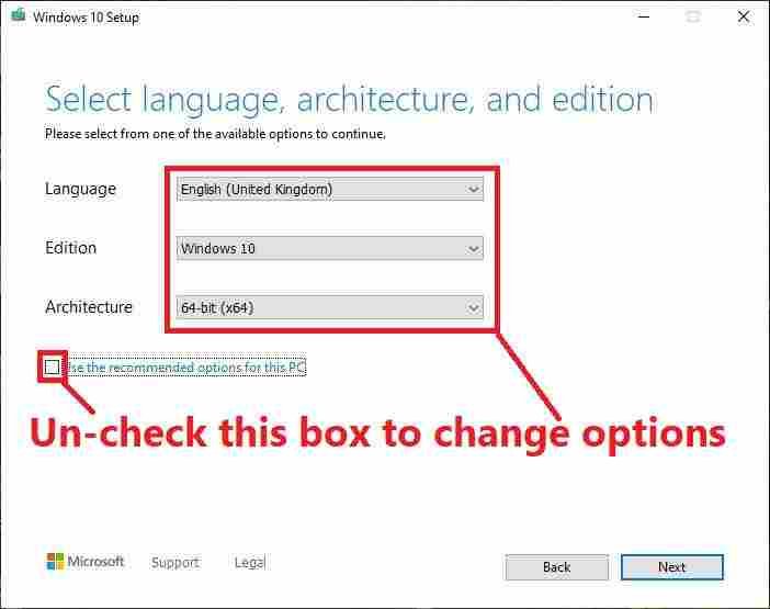 Change language, Edition and Architecture options