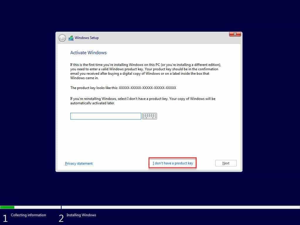 Install Win 10 without product key skip
