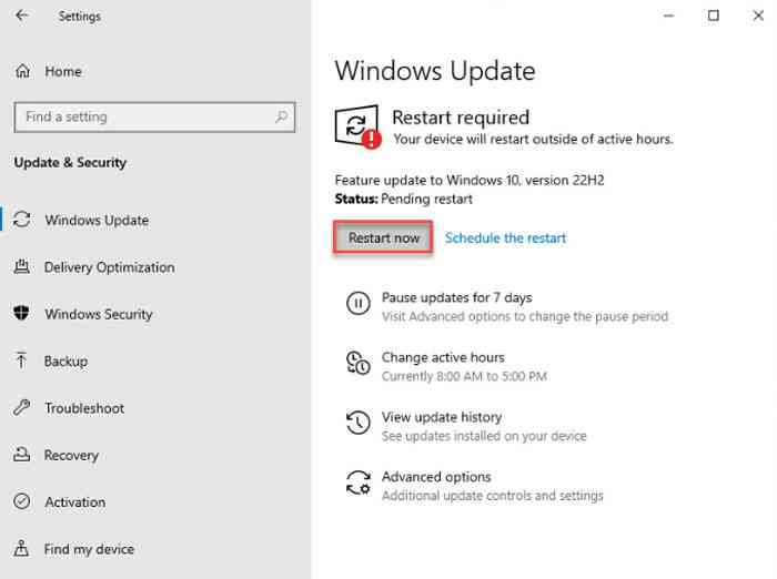 Restart PC after Windows 10 update