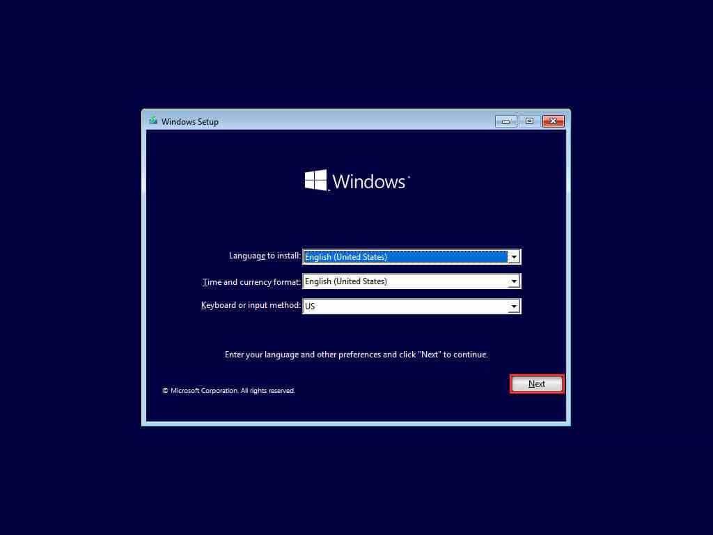 Windows 10 installation start