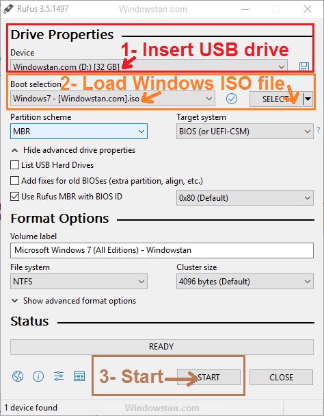 Use Rufus to create Windows bootable USB from ISO