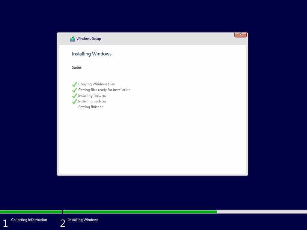 Install Windows 10 copying and installing files in progress