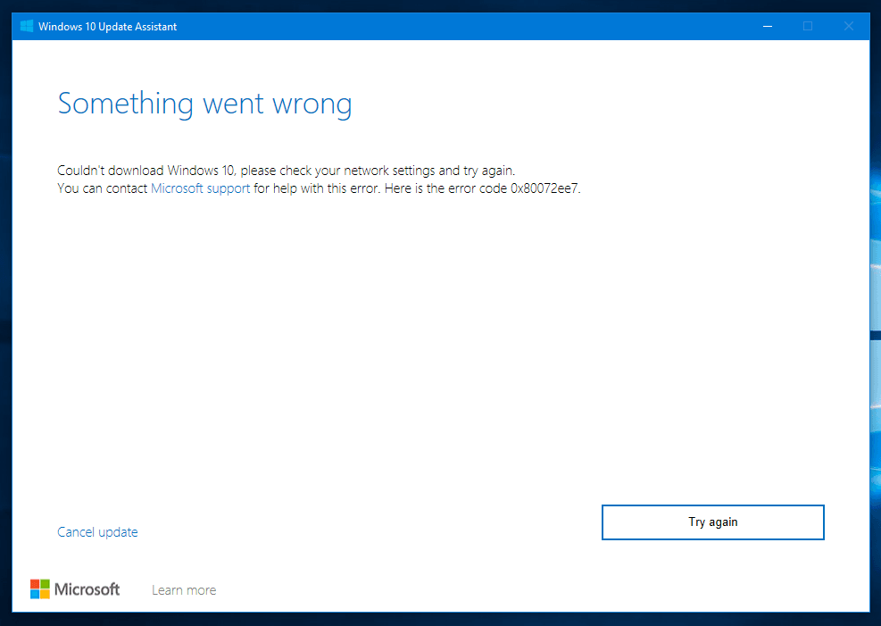 Network Error message 0x80072ee7 Windows Upgrade Assistant