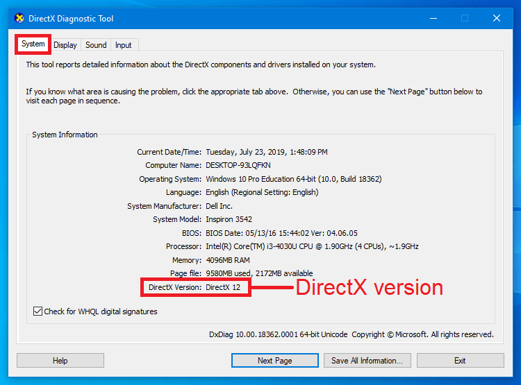 DirectX version check in dxdiag system tab