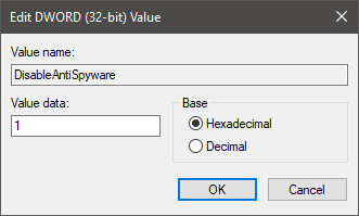 Change DisableAntiSpyware key value to disable Windows Defender Permanently