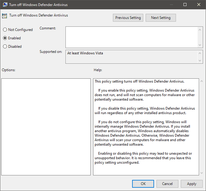 Turn off Windows Defender Antivirus from Group Policy Editor