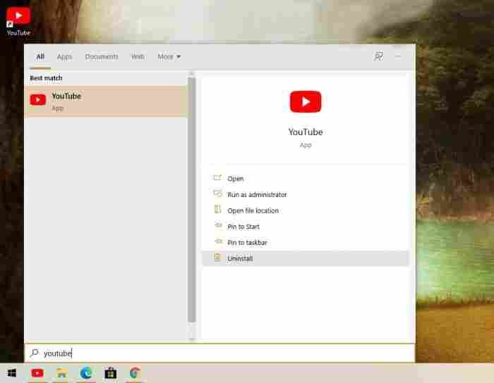 Uninstall YouTube PWA from Windows 10