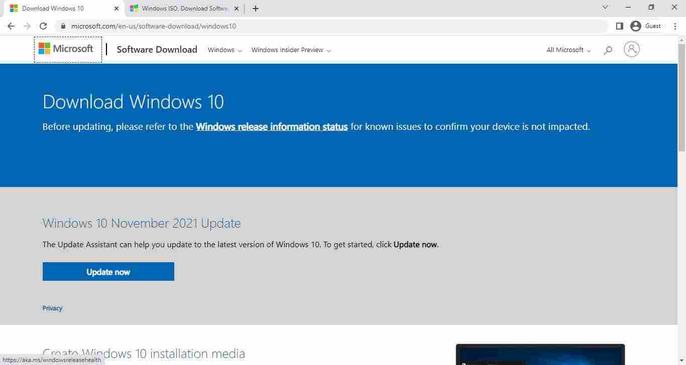 Microsoft Windows 10 Official Download Page - Windowstan