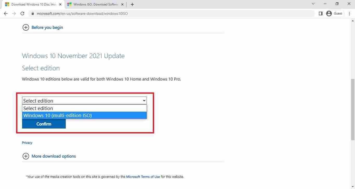Select Windows 10 Latest ISO edition