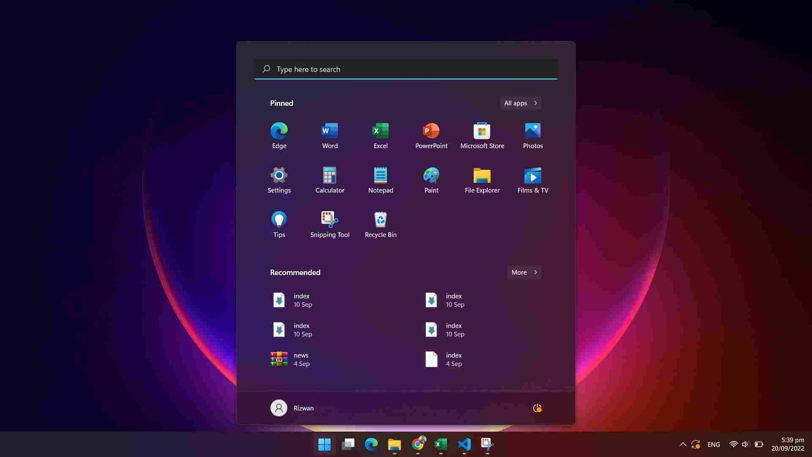 Windows 11 screenshot - Start menu