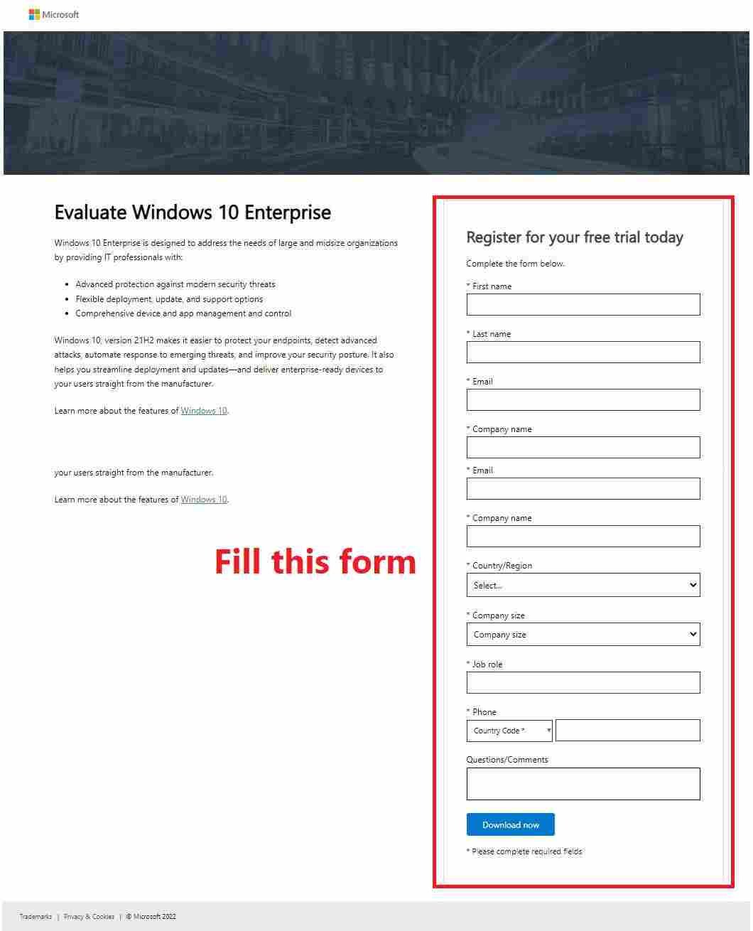 Evaluate Windows 10 Enterprise Microsoft official page