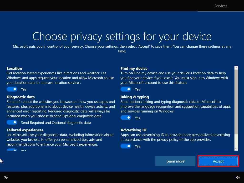 Choose Windows 10 Privacy Settings
