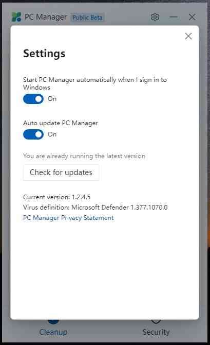 MS PC Manager Settings Panel