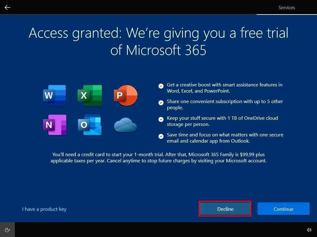 Office 365 free trial for Windows 10 during installation