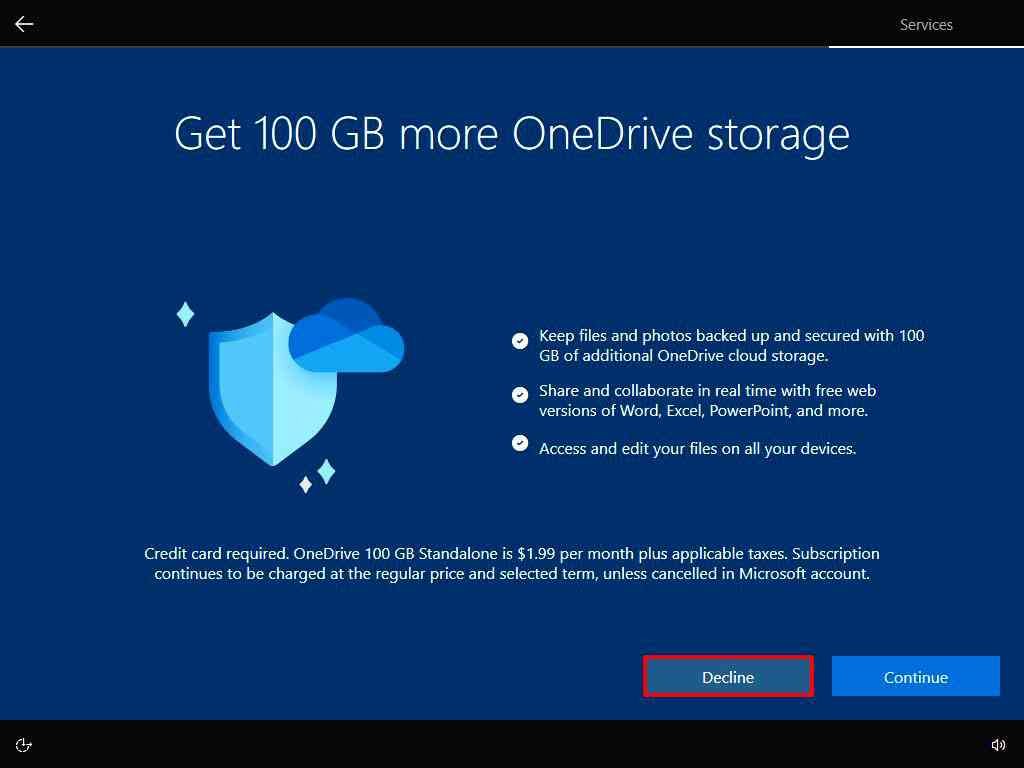 OneDrive 100GB subscription offer during Windows 10 installation