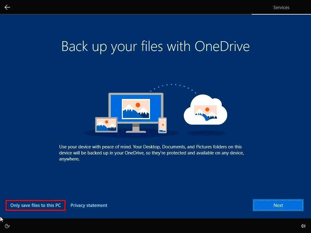 Setup OneDrive during Win10 installation