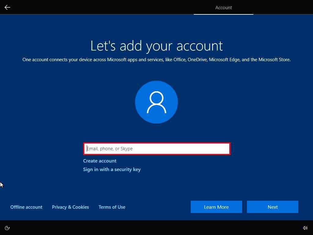 Windows10 Add Microsoft Account during installation