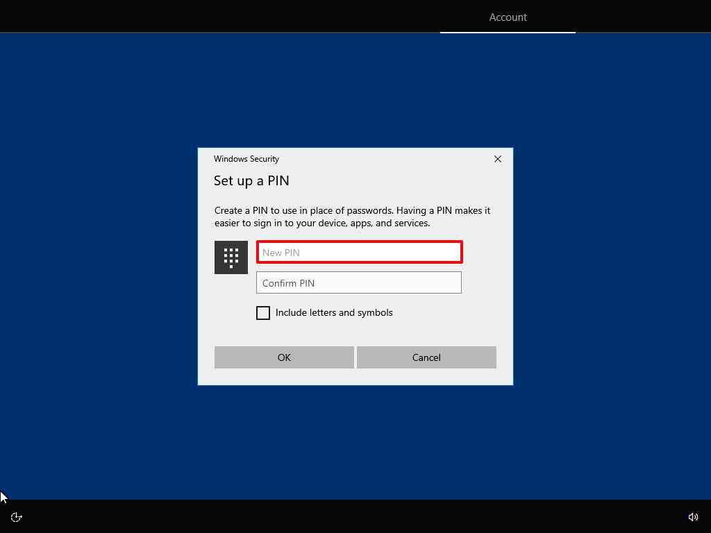 Windows10 install setup a PIN