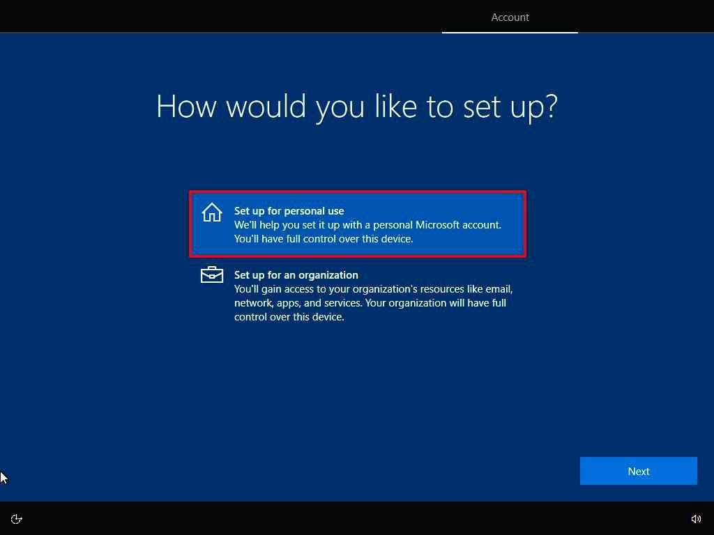 Windows10 setup type selection
