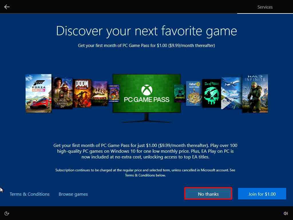 Xbox Game Pass subscription offer during Win 10 install process