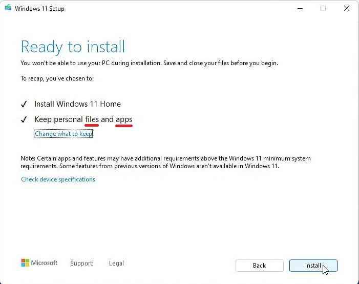 Install Windows 11 and Keep personal files and apps