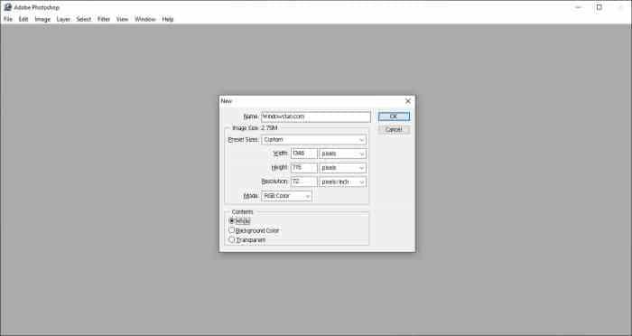 Creating a new document n Adobe Photoshop 7