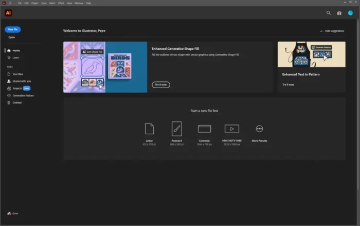 illustrator 2026 welcome screen